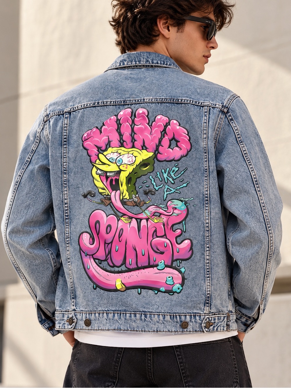 H&M Divided SpongeBob Denim Jacket Men M Graphic Back Y2K Streetwear Nickelodeon